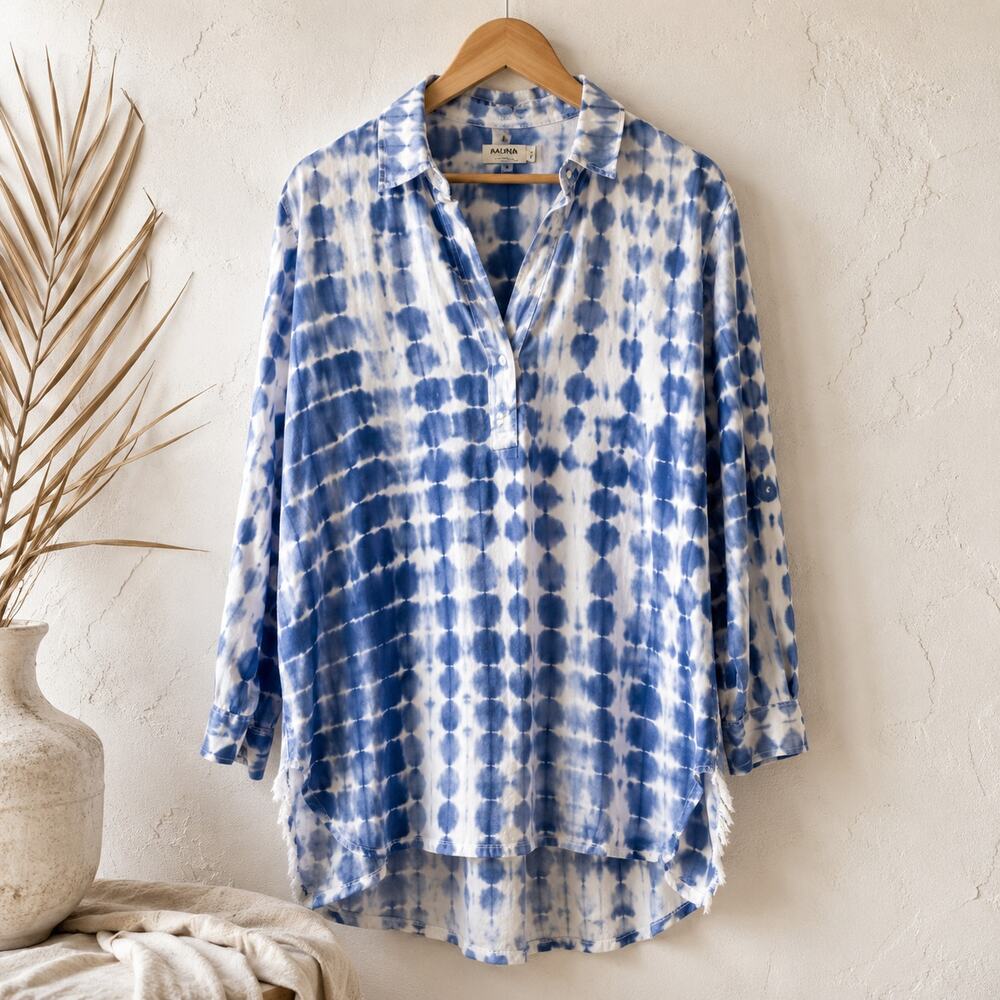 Fauna Couture Tie Dye Tunic Top Dress Blue White Handmade Bali Rayon Women's M